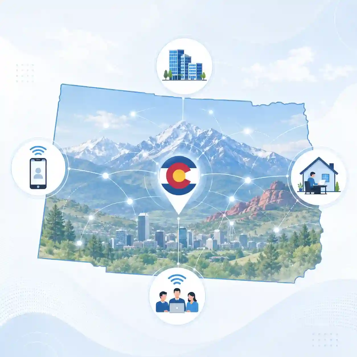 Colorado state outline with icons for mobile, office, remote team and call center connected to a central phone pin
